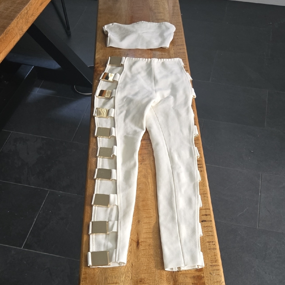 Catwalk Connection Stylish Cream Two-Piece Set with Gold Accents